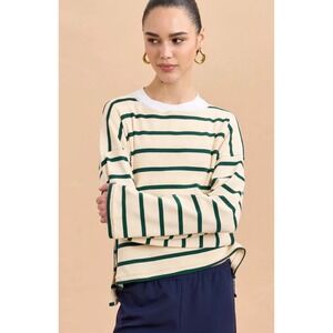 La Ligne Cream and Dark Green Striped Long Sleeve Breton Tee